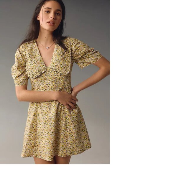 By Anthropologie Short-Sleeve Collared Printed Mini Dress 2 new nwt yellow - Picture 3 of 6
